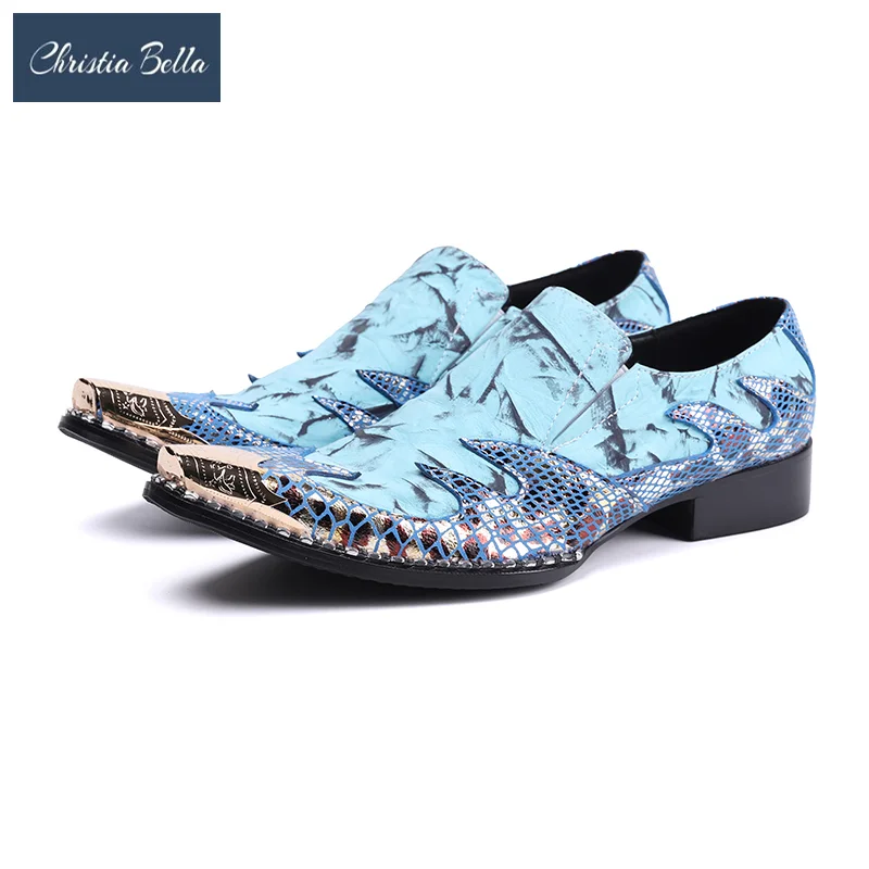 

New Style Bule Print Square Toe Men Oxfords Shoes Business Slip on Real Leather Formal Shoes Male Nightclub Party Evening Shoes