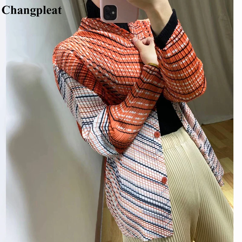 

Changpleat Autumn Miyak Pleated Fashion woman jacket Long sleeve striped outer wear Female Coats Tide