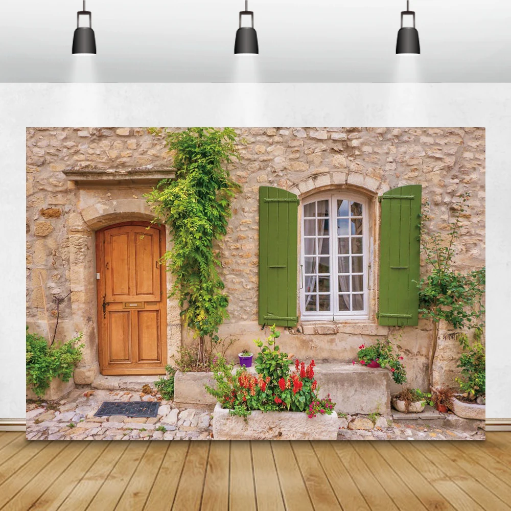 Countryside Stone House Old Wooden Door Window Flower Photo Background Photo Backdrop Spring Baby Portrait Photophone Room Decro