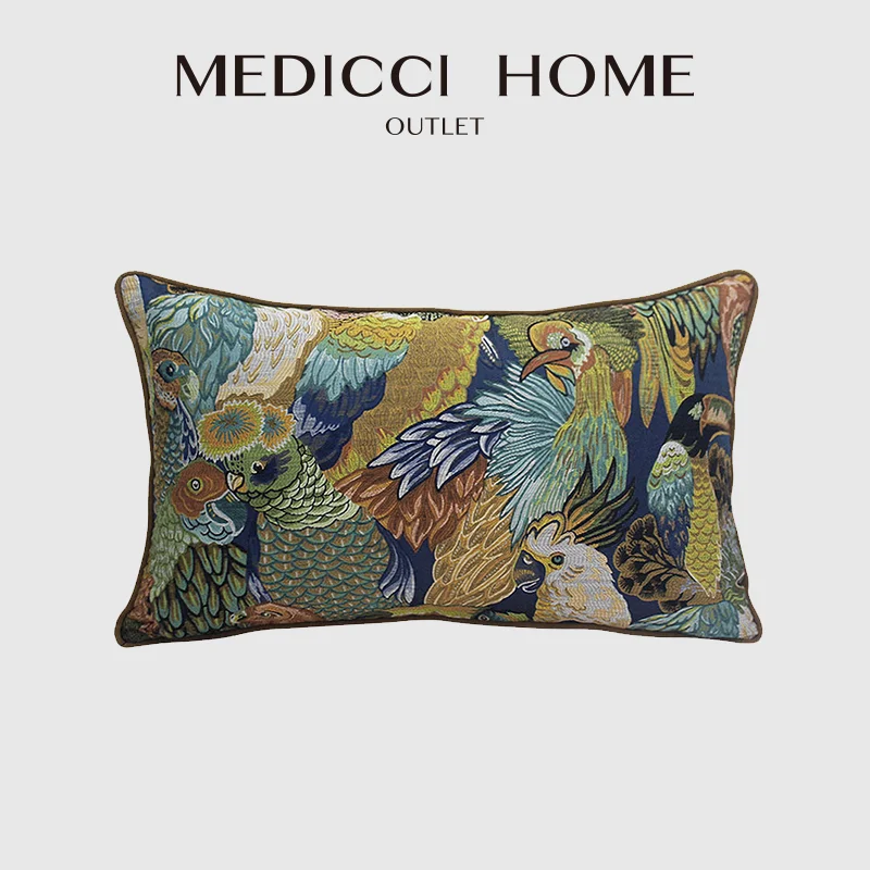 Medicci Home Parrot Birds Embroidered Cushion Cover American Retro Lumbar Pillow Case Outdoor Garden Patio Pillowcase Luxury