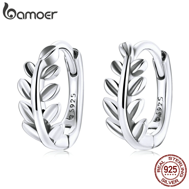 BAMOER Fashionable 925 Sterling Silver Leaf Ear Buckles Earring Simple Classic Hoop Earrings for Women Statement Jewelry BSE500