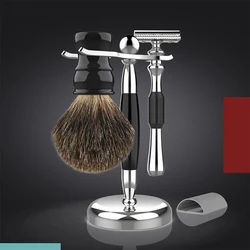 Luxury 100% Badger Hair Shaving Brush Set, Razor and Brush Stand Stainless Steel,Double Edge Safety Razor with Protective Cover