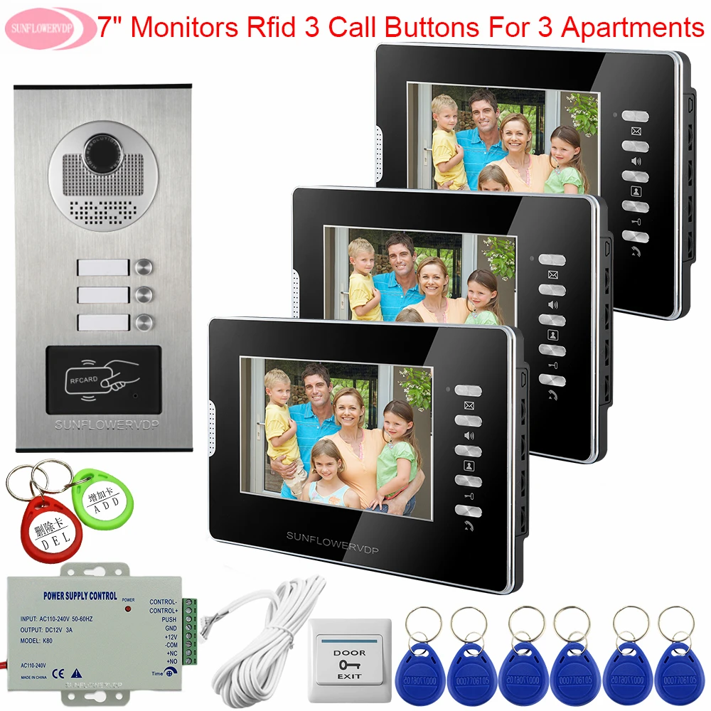 

7" White/Black for choose 2/3/6 Monitors Video Door Phone Intercom for Apartments Intercom With Video Camera FRID Access Control