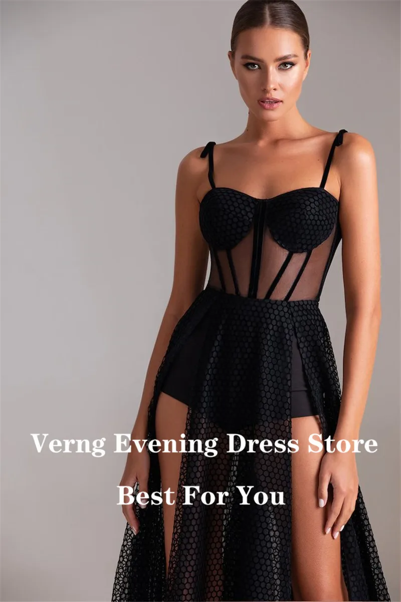 Verngo Modern Black A Line Evening Dress 2021 Spaghetti Straps Boning Top High Side Slit Sexy Formal Party Gowns With Short Pant