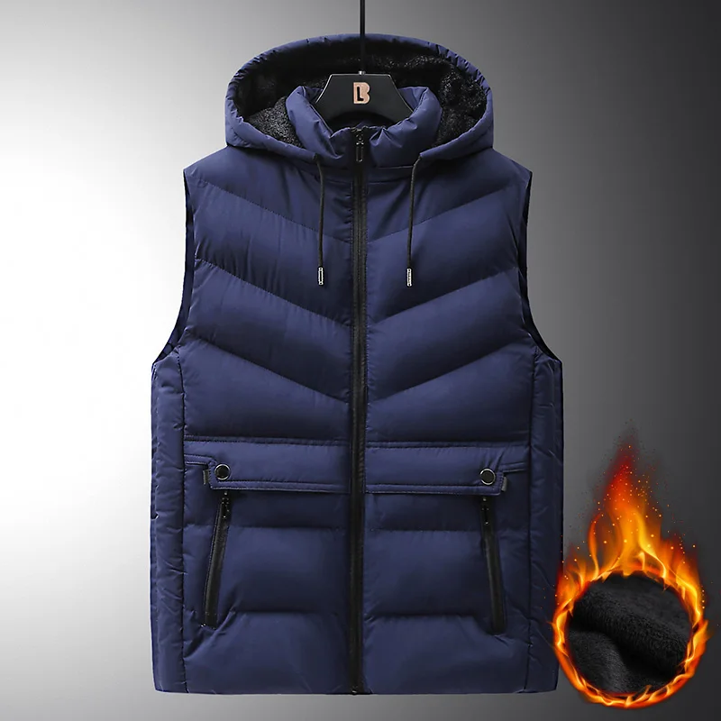 L-6XL Men Winter Vest Coats Fleece Lining Warm Thick Waistcoat Patchwork Design Hat Detachable Man Cotton Sleeveless Jacket