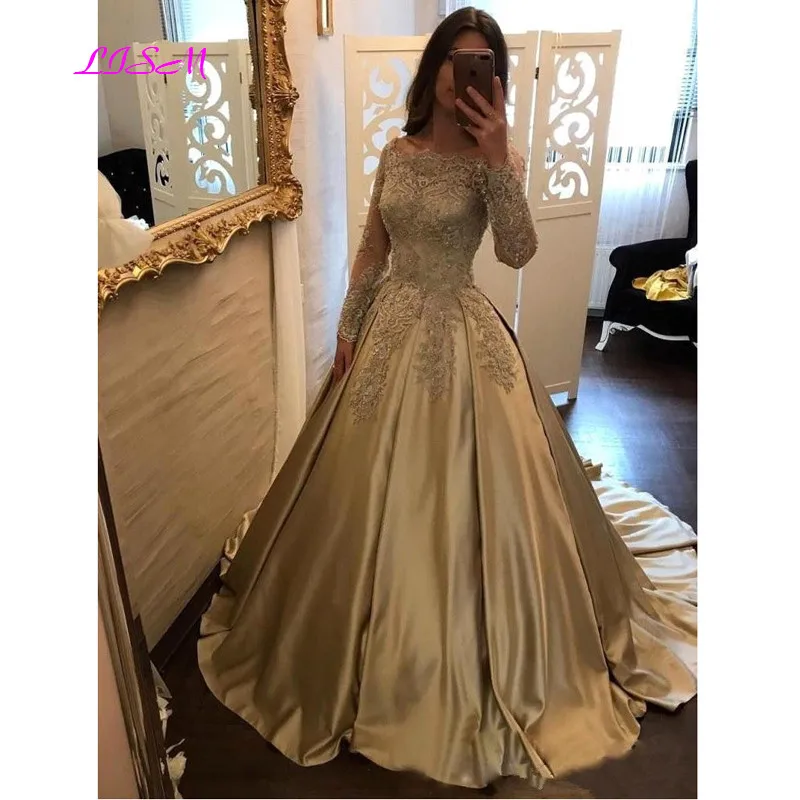 Aplikacje ze złotą koronką długa sukienka na Quinceanera elegancka, długa rękawy satynowe zroszony sukienki wizytowe na zamówienie Plus rozmiar suknie na bal maturalny