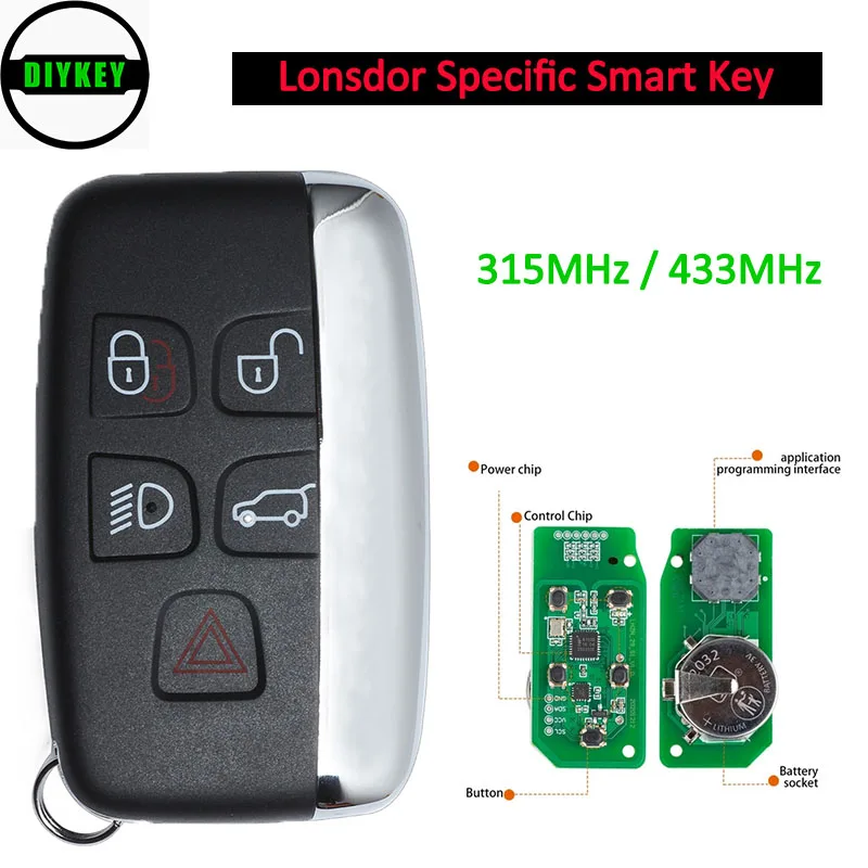 

DIYKEY Lonsdor Specific Smart Key 5 Buttons 315MHz/433MHz for 2015 2016 2017 2018 Land Rover Jaguar Word for Lonsdor K518