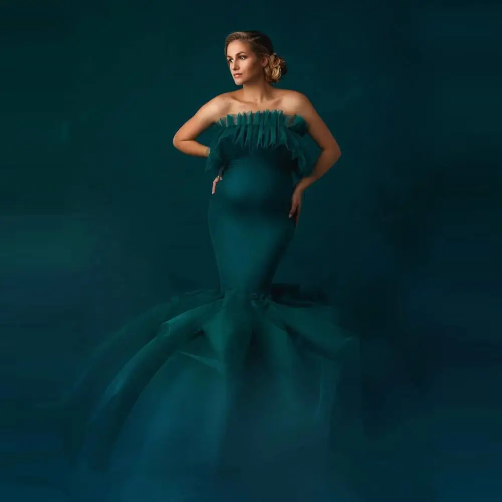 Teal Mermaid Bridal Maternity Dresses Strapless Sexy Ruffled Tulle With Train Custom Made Photography Dress Pregnancy