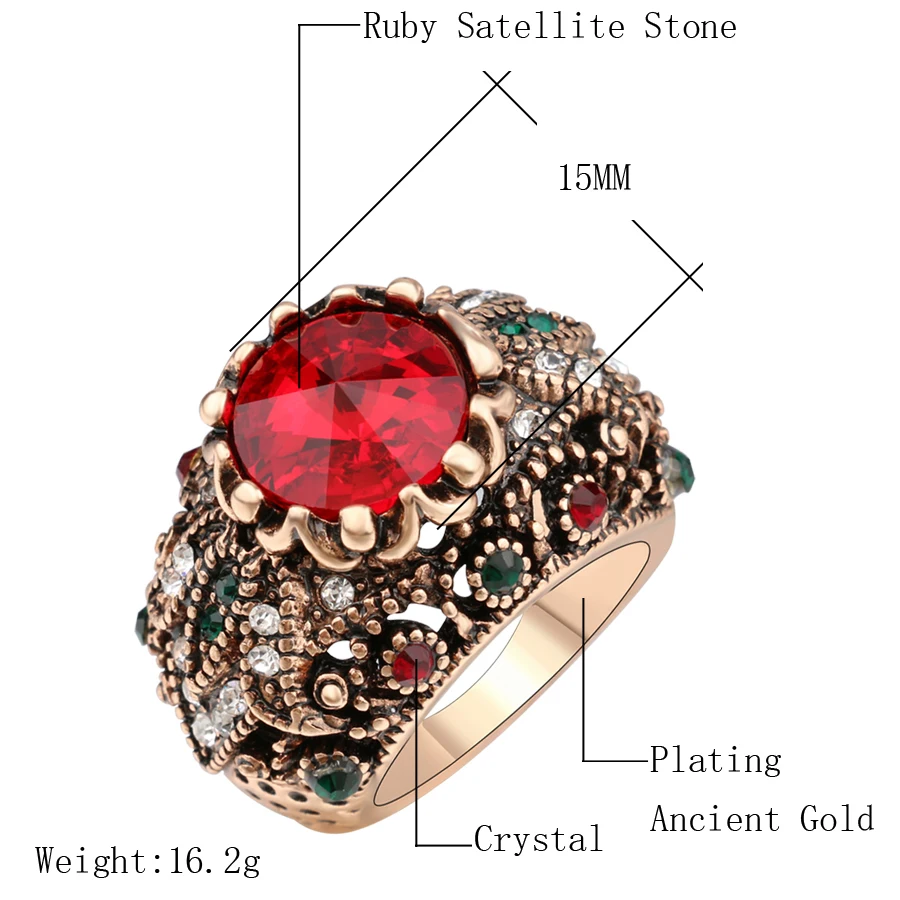 Kinel Red Satellite Stone Rings For Women Color Ancient Gold Vintage Jewelry Crystal Ring Love Gift