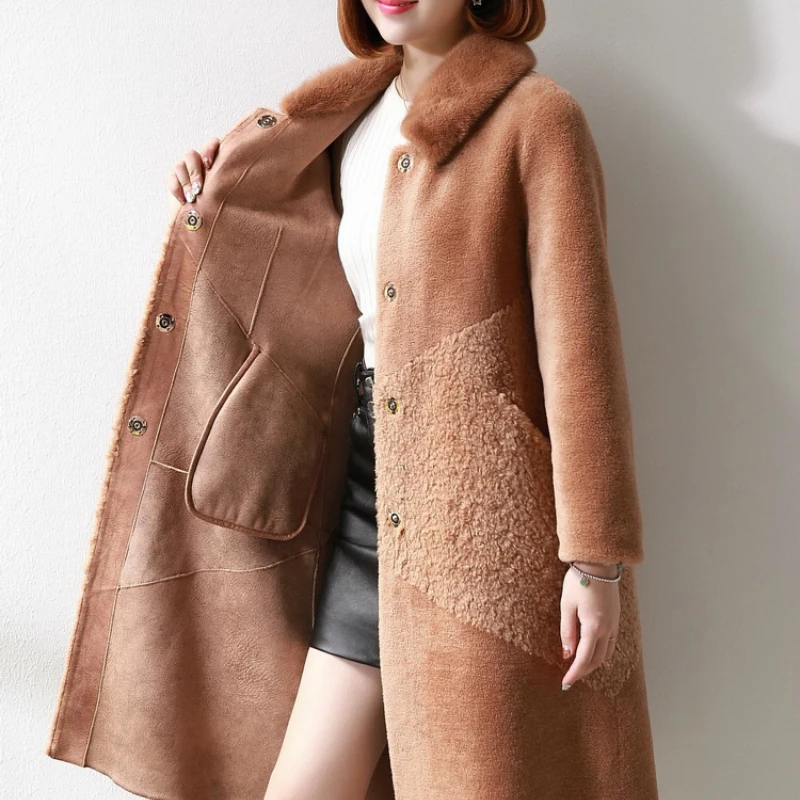 

Real Sheep Shearing Fur Coat Female Natural Wool Jackets Women Winter Long Overcoat Spring Mink Fur Collar 2020 LWL1380