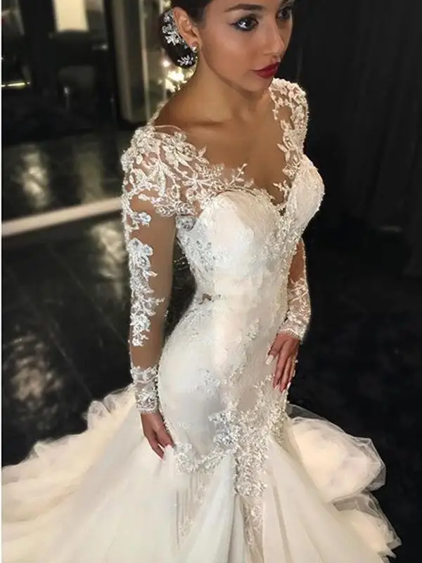 Robes de mariée sirène à manches longues, appliques en dentelle, train de balayage perlé, patients, quoi que ce soit