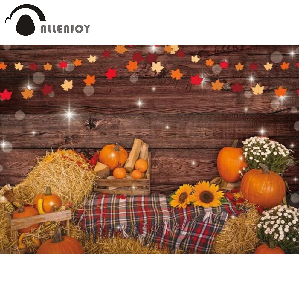 

Allenjoy Autumn Thanksgiving Party Backdrop Pumpkins Sunflowers Maple Leaves Wooden Halloween Background Photography Photocall