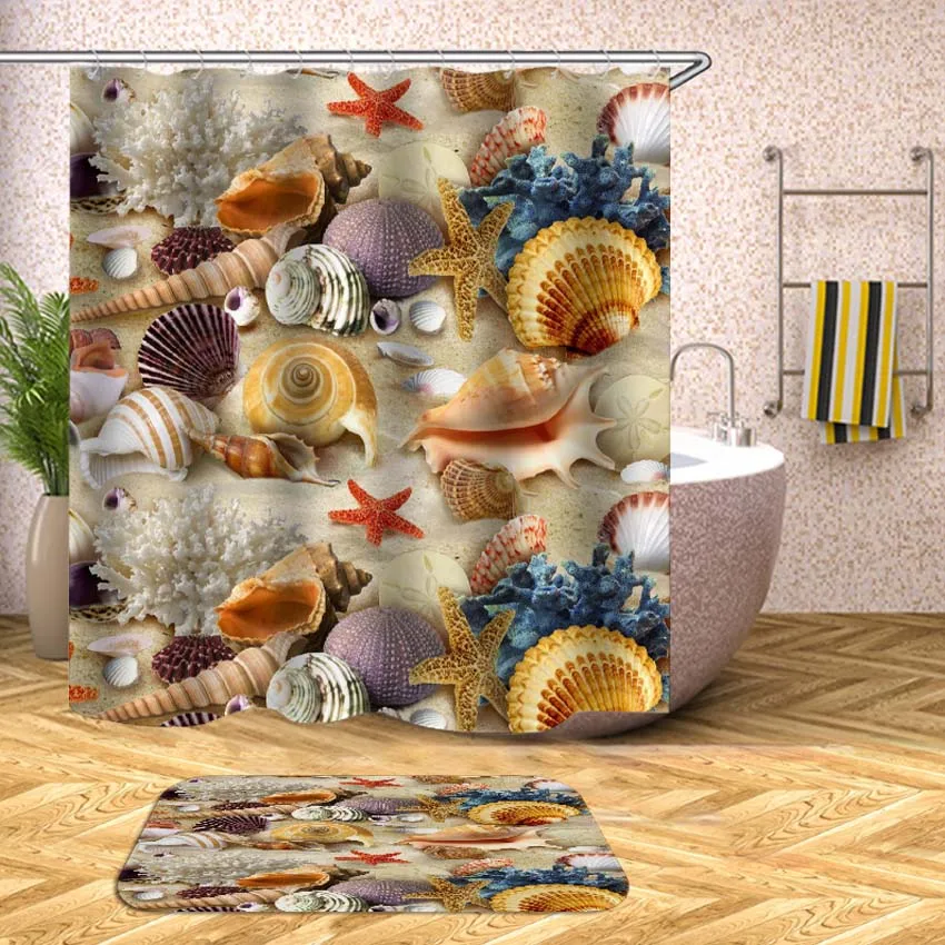 Beach Shell Sea Waterproof Shower Curtain Printed Bath Curtains for Bathroom Bathtub Bathing Cover Extra Large Wide 12pcs Hooks