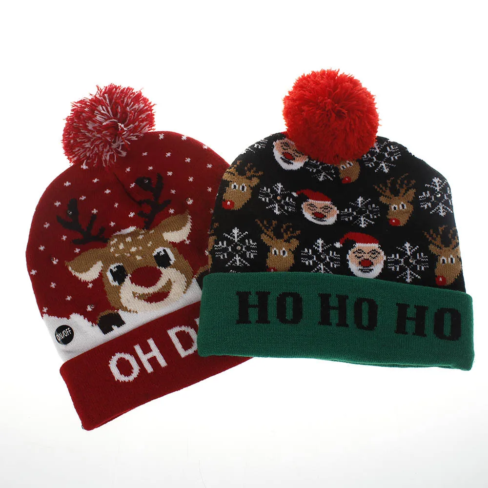 New Style! LED Christmas Hat Beanie Light Up Illuminate Warm Hat 48 Patterns New Year Snowman Sweater Hat Christmas Decorations