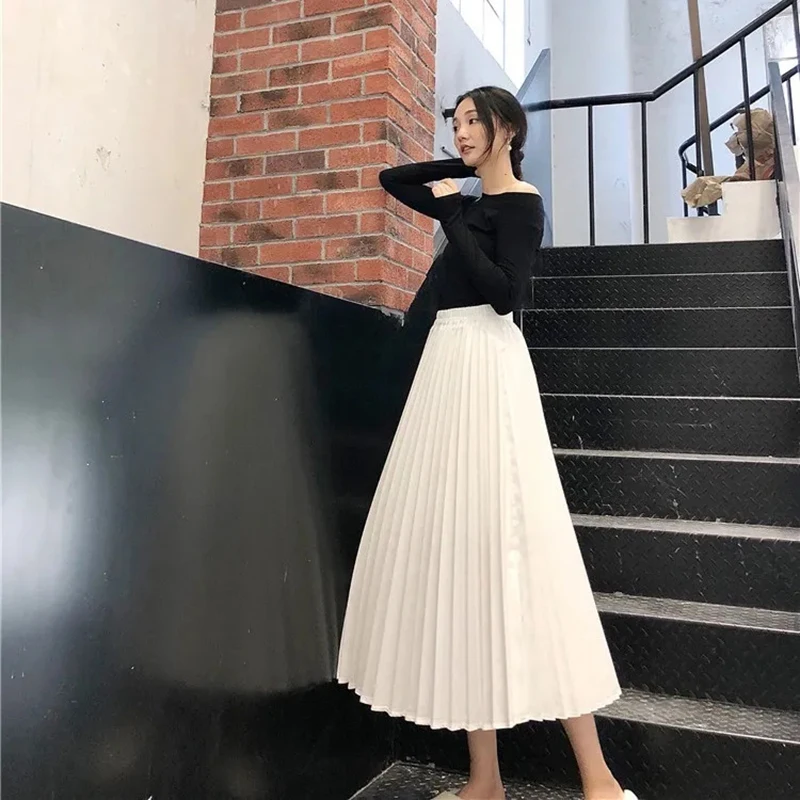 Korean Pleated Skirts Chiffon Long Midi Skirts Women Clothes 2021 Spring Summer Elegant Women White Black High Waist Skirts New