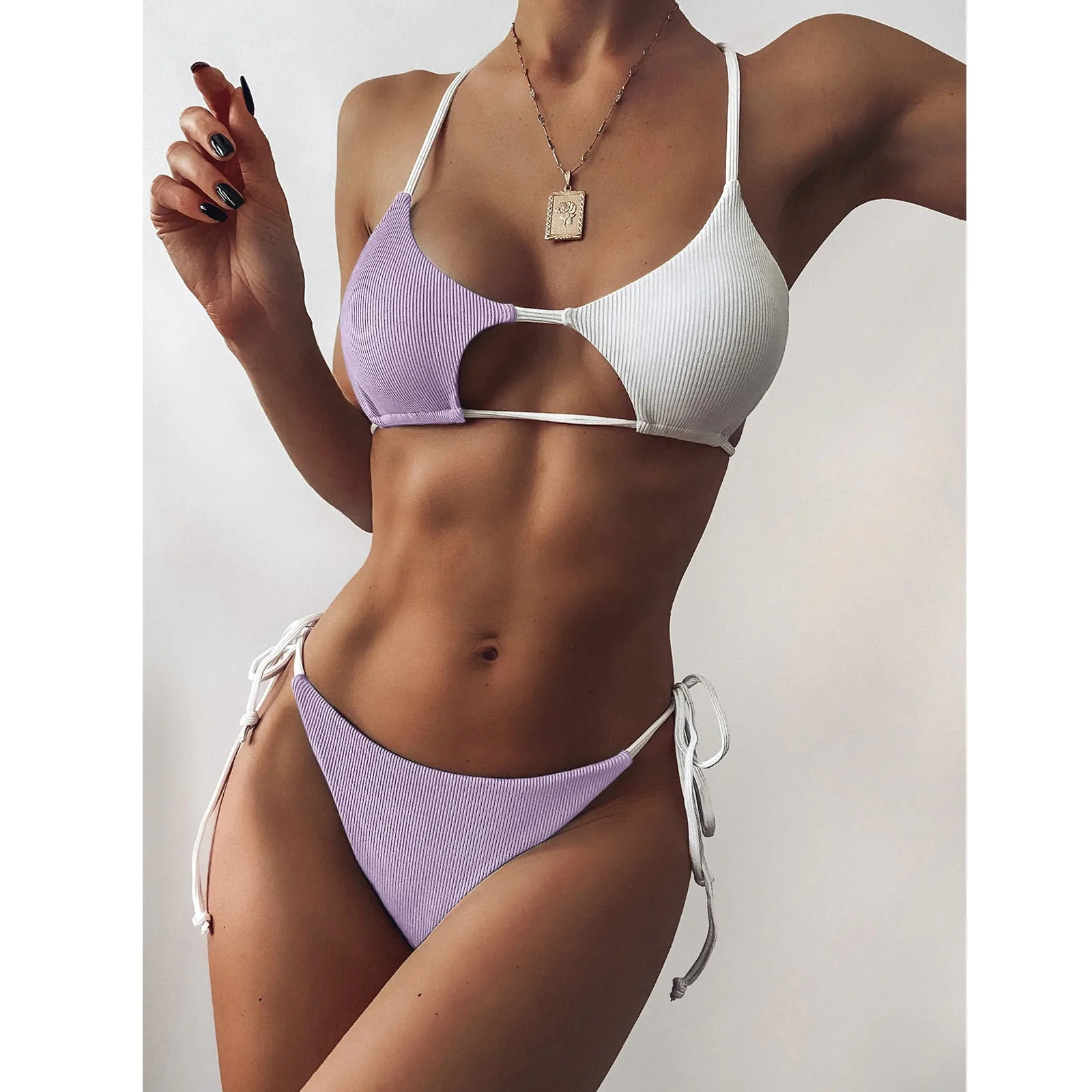 Bikini 2021 Woman Swimwear Lingerie Set Swimsuit Women Striped Push Up High Cut Hight Waist Halter Bikini Set Two Piece Swimsuit