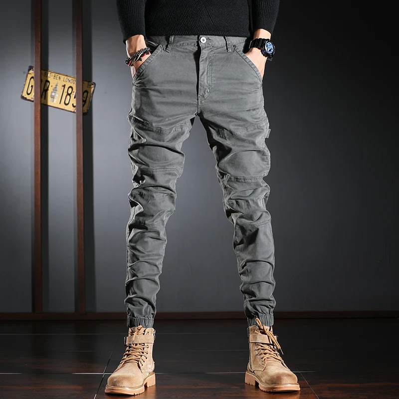 Autumn Men\'s Black Cargo Pants Fashion Casual Cotton Stretch Slim Fit Trousers