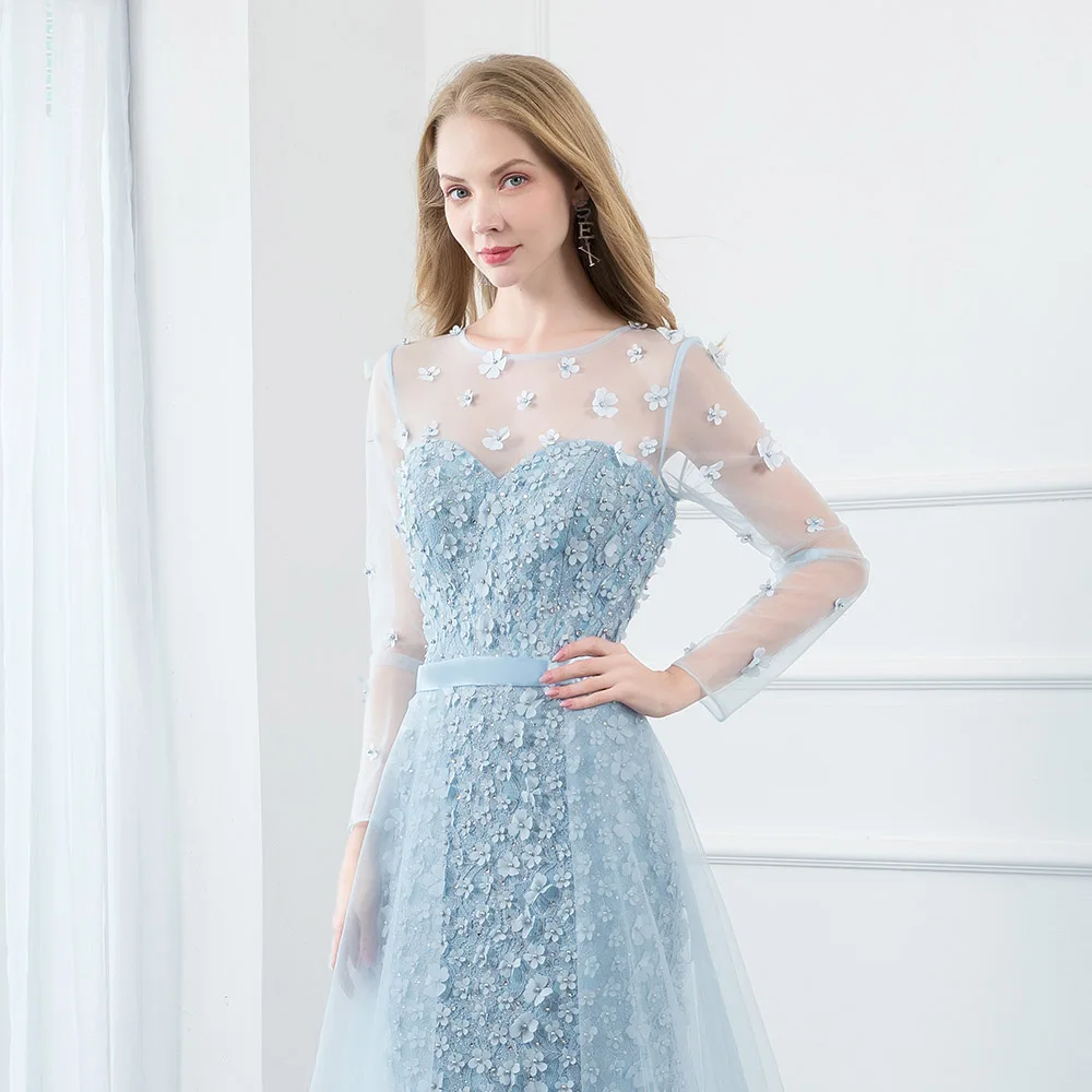 Sweet Sky Blue Full Sleeve Prom Dresses Long Tulle 3D Flowers Beaded Formal Party Dress Removeable Train In Stock