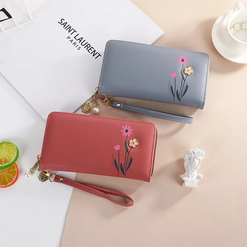 

Women's Long Wristband Wallet Sweet Flowers Clutch Pu Leather Card Holder Tassel Zipper Coin Purse Ladies Money Bag Dropshipping