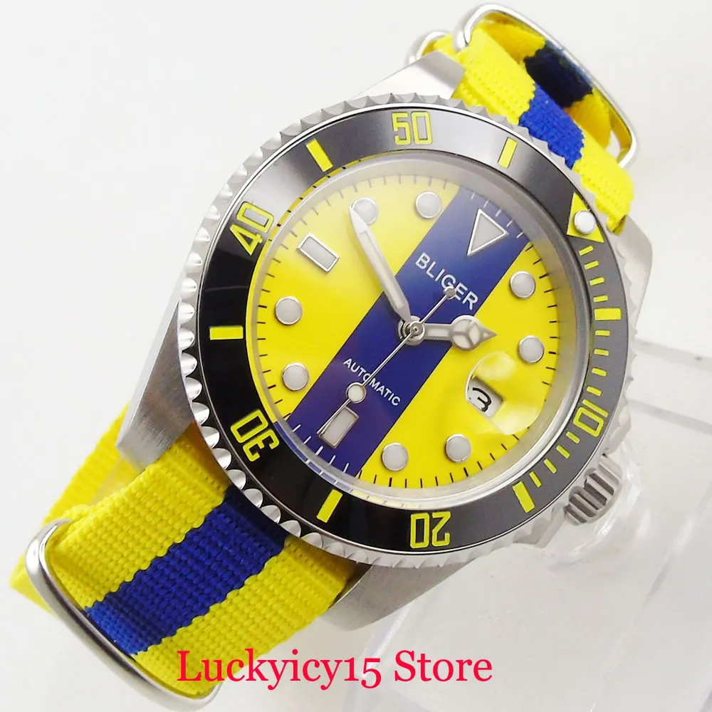 Imagem -04 - Bliger Auto Enrolamento 40 mm Amarelo Dial Data Indicador de Vidro Safira Relógio Masculino Movimento Automático