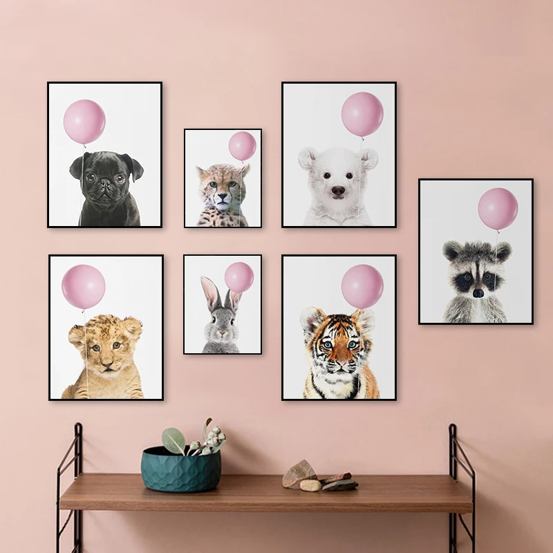 Nursery Safari Animal With Pink Balloon Print Wall Art Bunny Raccoon Canvas Painting Funny Poster for Kids Room Decor Picture