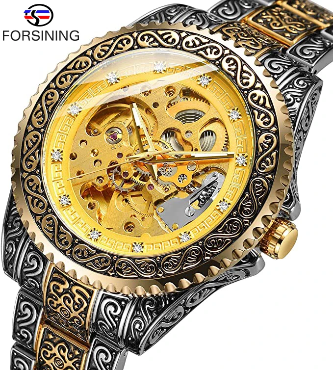 

Forsining Gold Dial Men Mechanical Skeleton Watches Luxury Engraved Vintage Automatic Wristwatch Steel Strap Waterproof Clock