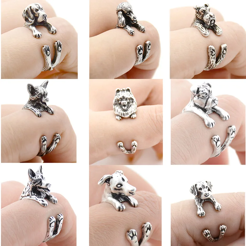 Retro 3D Beagle&German Shepherd&Schnauzer Dog Ring Women Anel Punk Style Rings For Men Wrap Animal Rings Anniversary Bijoux Gift