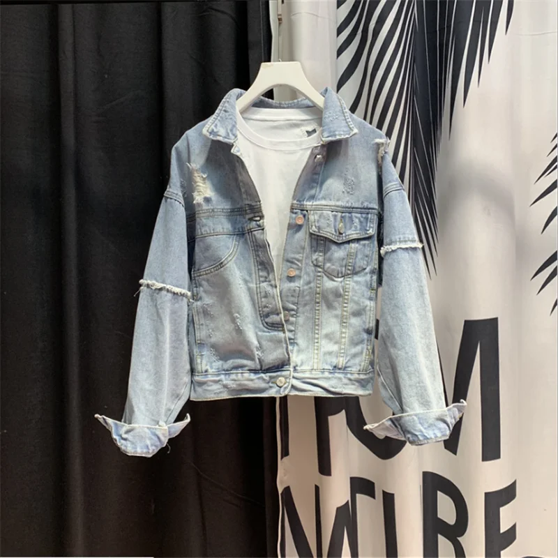 Denim Jacket Female Short Section Slim 2023 New Thin Student Long-sleeved Spring and Autumn Denim Jacket Jacket Hole Size