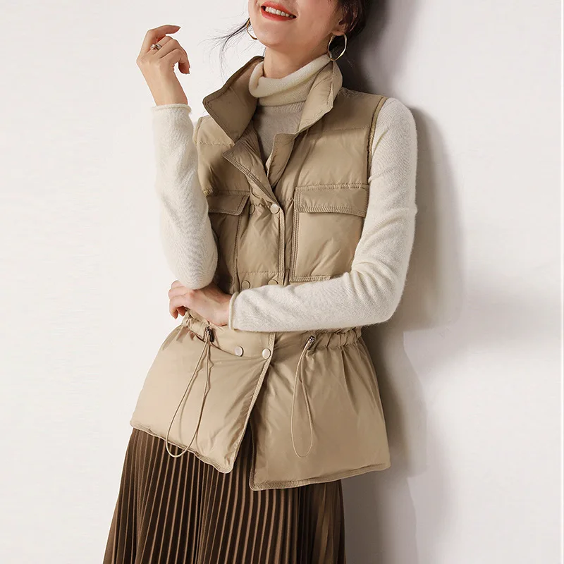 White Duck Down Vest Women Down Waistcoat Office Lady Stand Collar Slim Waist Sleeveless Puffer Jackets Winter Outerwear VT-271