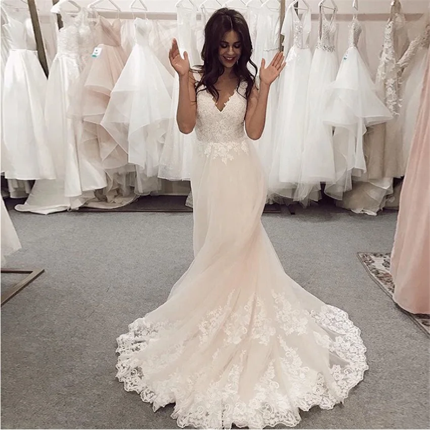 Robe De mariée trapèze élégante, col en v, sans manches, blanc, ivoire, dos nu, balayage avec traîne, robes personnalisées, 2020