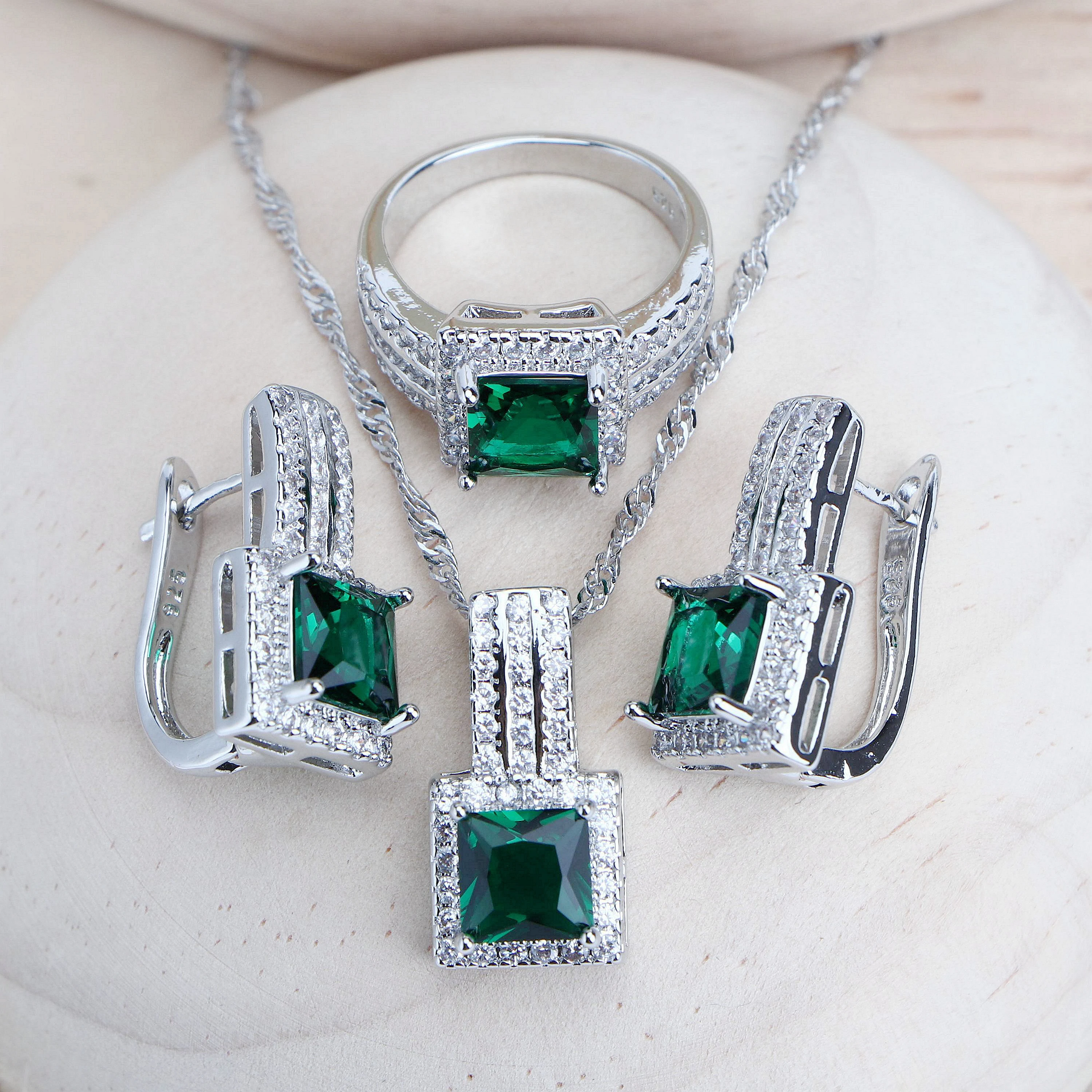 Fashion Women Silver 925 Bridal Jewelry Sets Zircon Costume Jewellery Wedding Party Rings Bracelets Pendant Earrings Necklace view 2