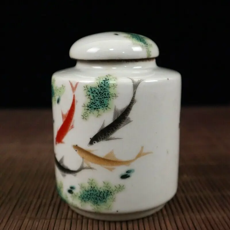 Chinese old porcelain Pastel fish fun pattern Lid jar Receiving pot