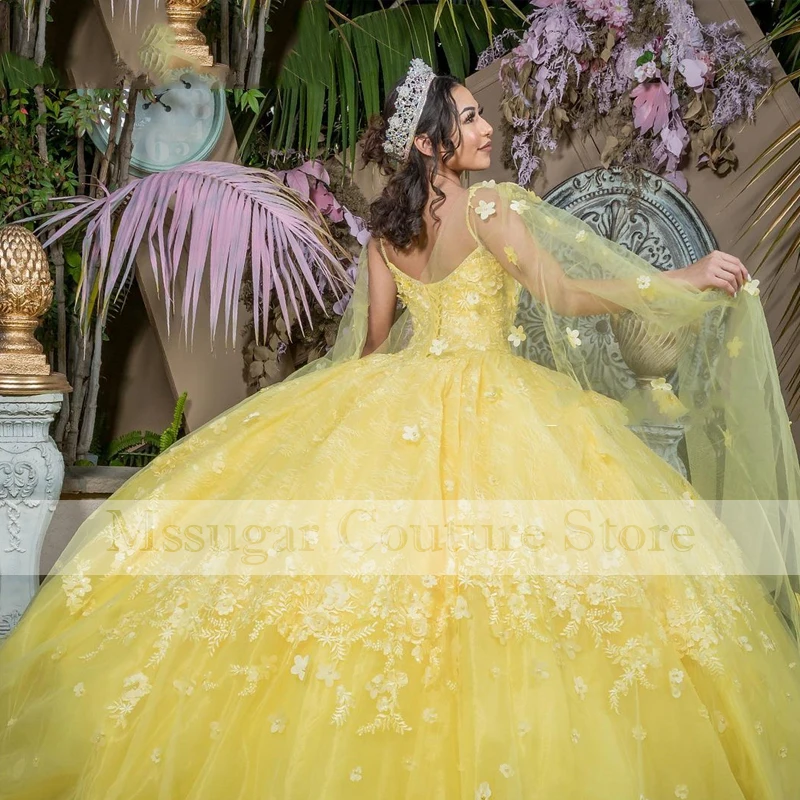 2022 abito Quinceanera giallo Royal Illusion maniche lunghe Sweetheart Applique Party Sweet 16 Gown