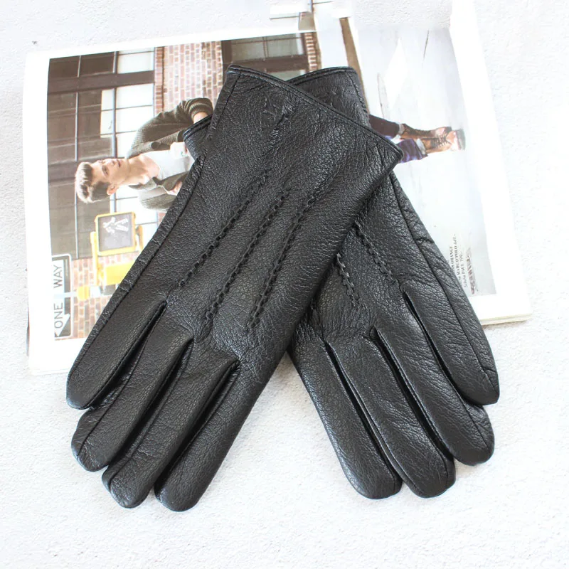 New deerskin gloves men\'s leather touch screen black corrugated plus velvet warm motorcycle riding driving gloves winter