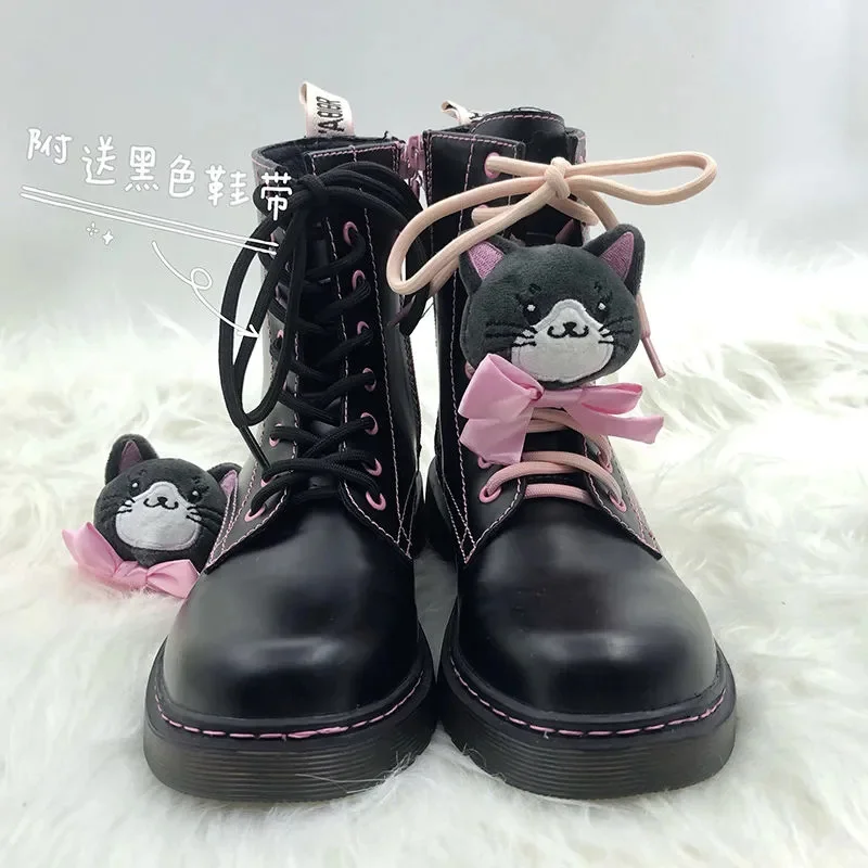 

Lolita Martin Boots Female Student Plus Velvet Thick-bottom Round Headjk Uniform Short Boots Cute Bowknot Kawaii Snow Boots Loli