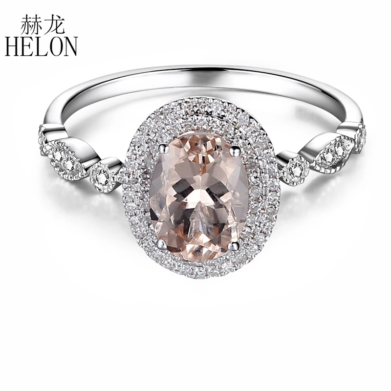 

HELON Solid 14K White Gold Flawless 5x7mm Oval Natural Morganite Diamonds Engagement Ring Women Wedding Romantic Gift Jewelry