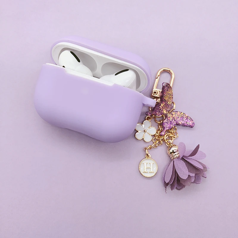 Airpods pro 3用シリコンケース,イヤホン用のキュートで光沢のあるケース,花と蝶のデザイン,夢のような紫色