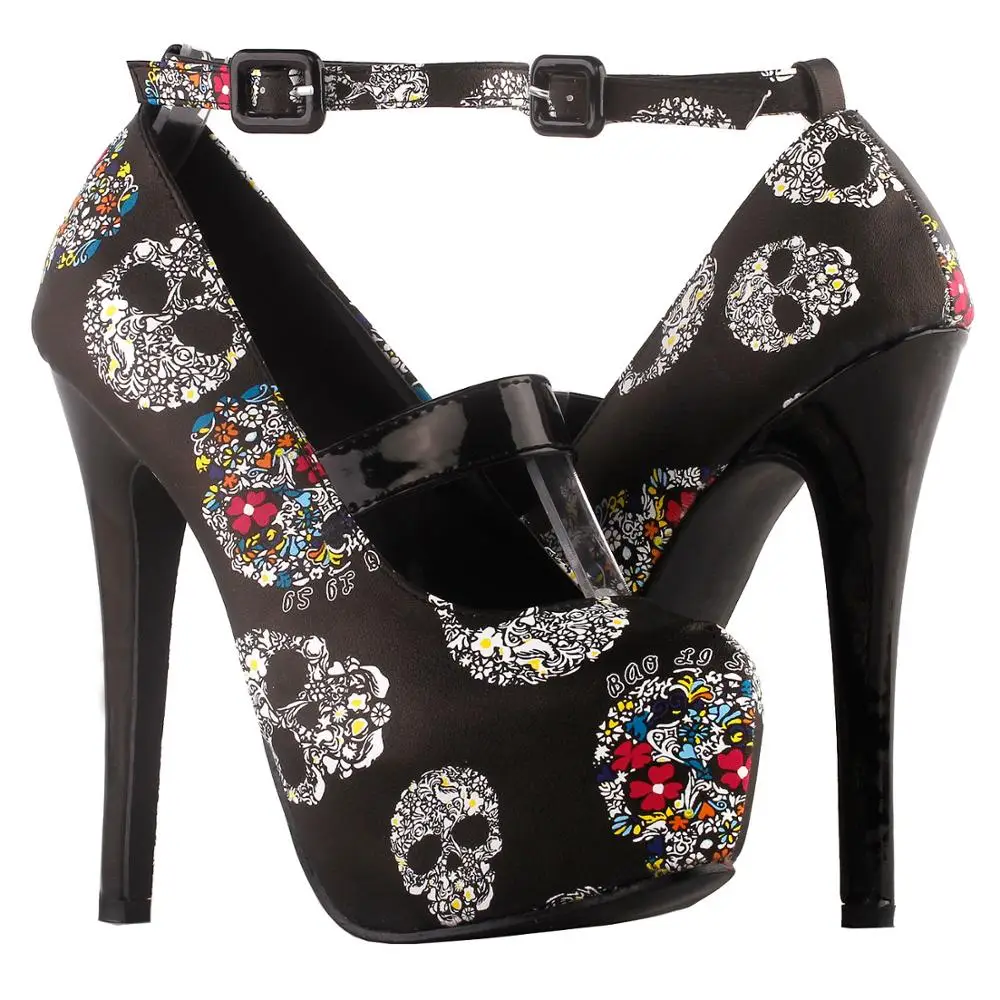 LF80873 Women Sexy Skull Print Ankle Strap Platform Stiletto Heel Dress Pumps