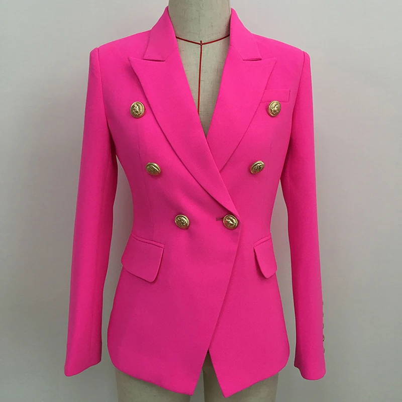 Orange Fushia Rose Blazer Women Office Ladies Gold Double Breasted Buttons Rose Pink Autumn New Fashion Women\'s  Blazers Jacket