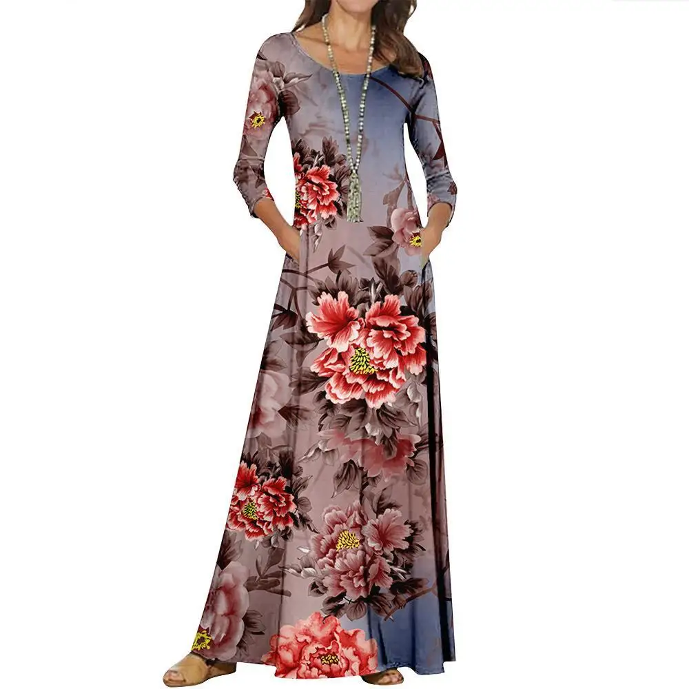 2021 Spring Autumn Women Dress Long Sleeve Party Dress Casual Loose Floral Print Maxi Dresses Vestido Robe Femme