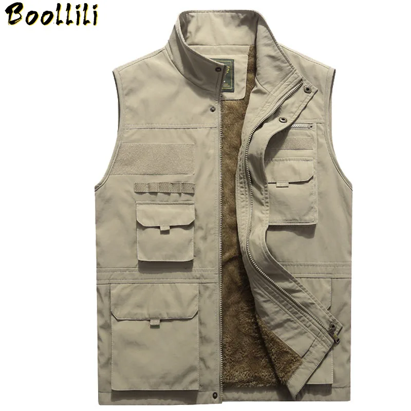 

Fleece Waterproof Thicken Winter Vest Mens Multi Pockets Spring Autumn Waistcoat Photographer Mandarin Collar Sleeveless Jacket