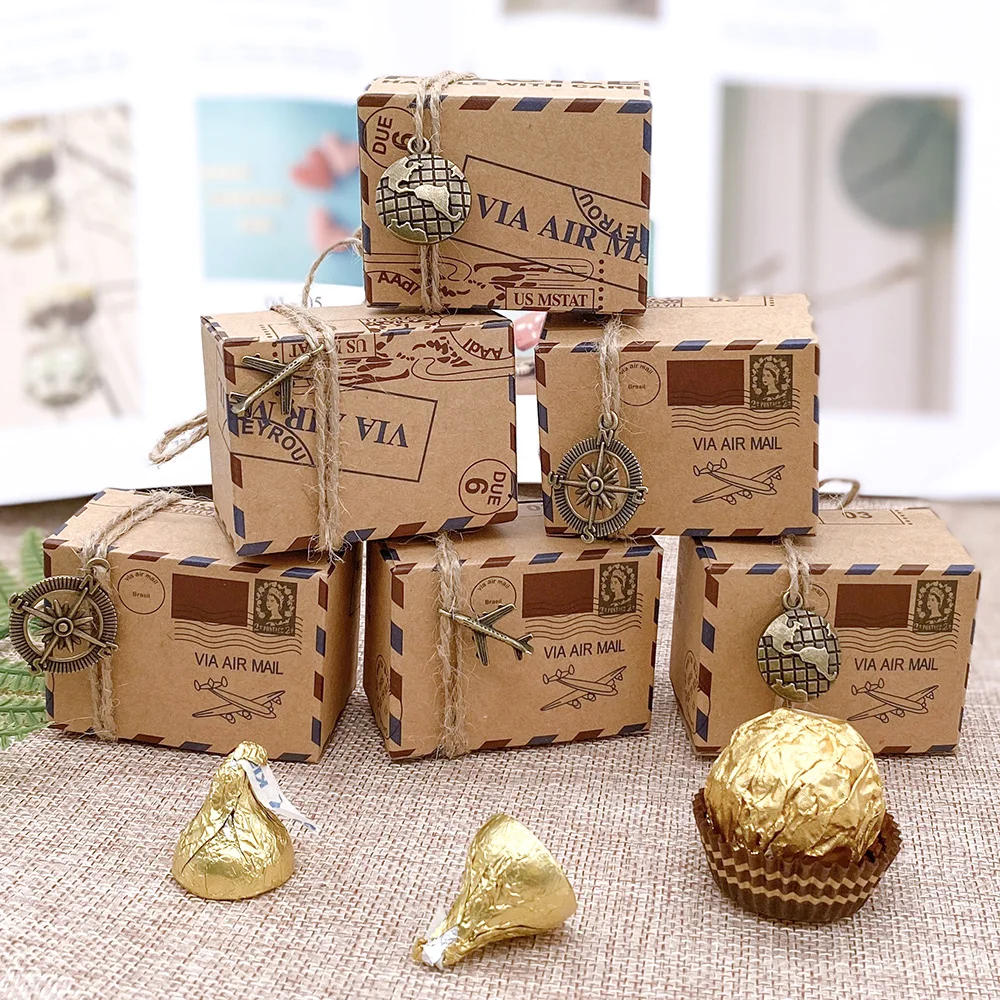 10 Pcs Wedding Vintage Candy Box Stamp Design Chocolate Packaging Kraft Paper Gift Packaging Christmas Favors Party Supplies