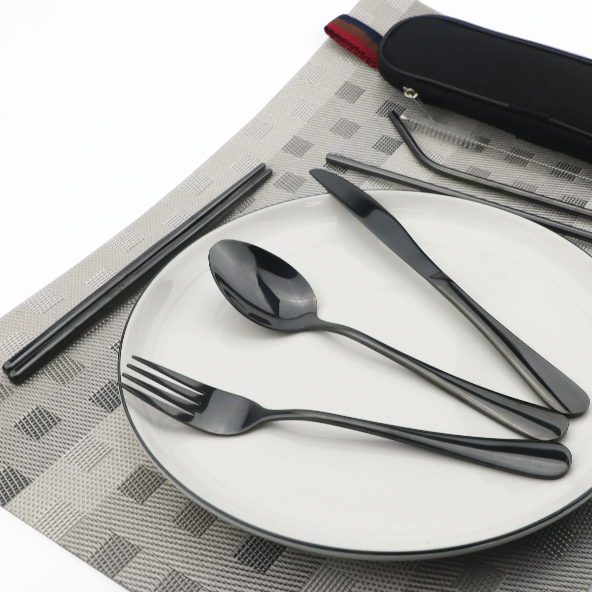 JANKNG Tableware Stainless Steel Cutlery Travel Camping Dinnerware Set Spoon Fork Chopsticks with Straw Portable Case