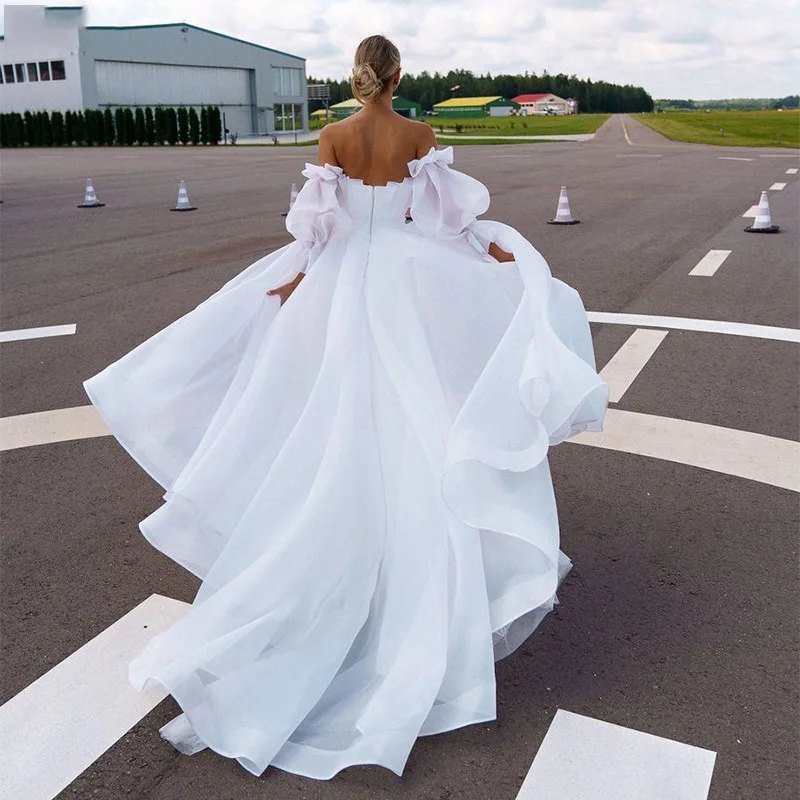 Robes de mariée Boho à manches bouffantes dos nu, robe de mariée de plage, organza, mariage de princesse, grande taille, sexy, priorité, 2021