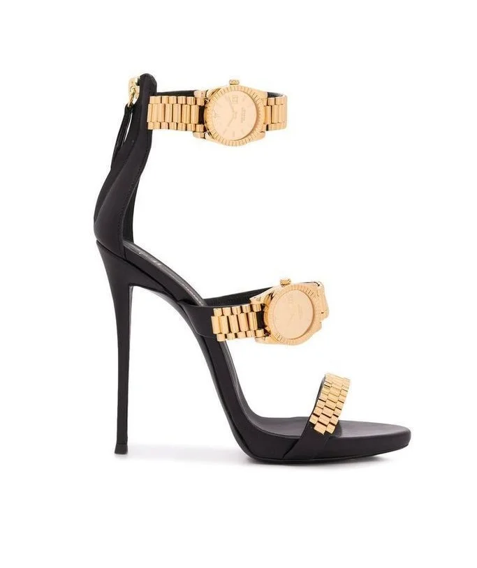 Carole 2022 ROME Shoes Open Toe Thin Heel Chain Watch Sandals Wedding Sexy Woman High Quality Gold Silver Ankle Buckle Sandals