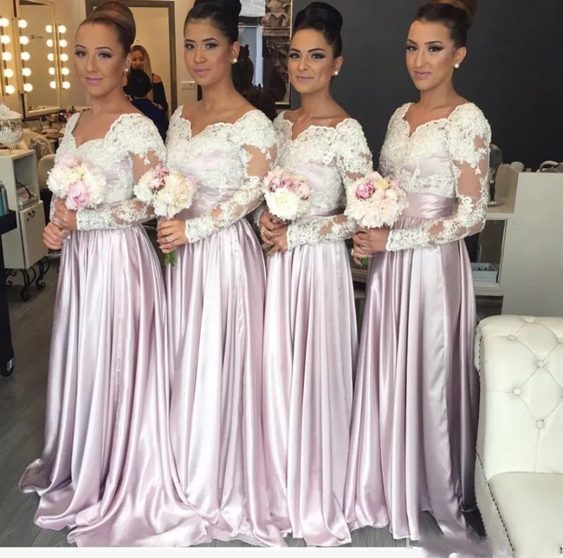 

Hot Sweetheart Appliques Long Elegant Arabic Maid of the Honor Dresses Light Pink Long Sleeves Lace Bodice Bridesmaid Dress