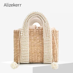 Bolso de playa con perlas para mujer, bolsa de paja tejida con cuentas, Bohemia, grande, informal, para vacaciones, novedad de verano 2020