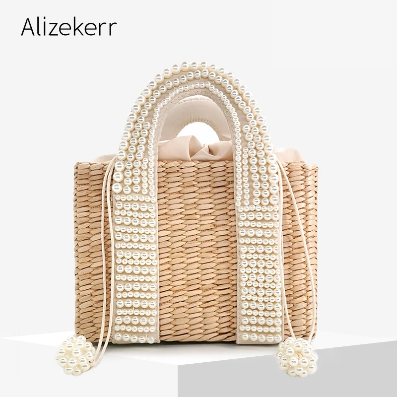 Pearls Beach Bag Women 2020 Summer New Elegant Woven Beaded Straw Bag Female Bohemia Knitted Large Tote Handbag Vacation Casual