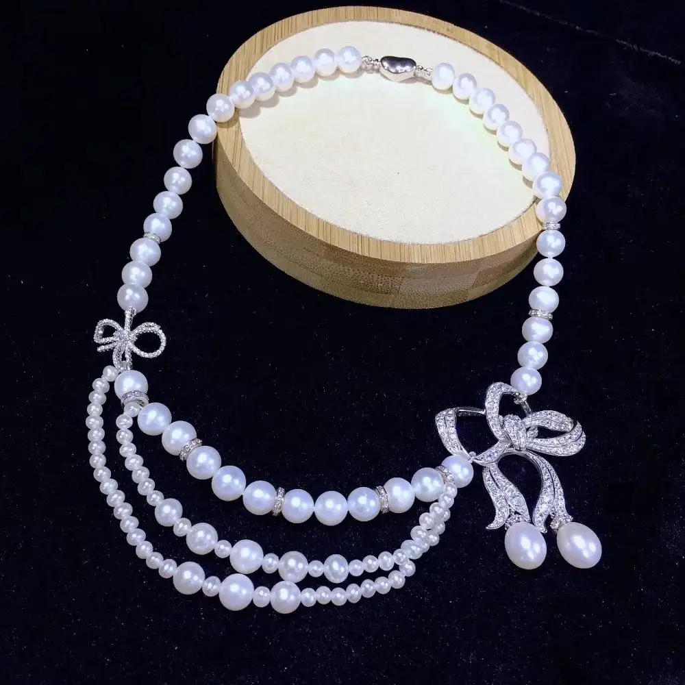 natural fresh water pearl necklace 3 layers 925 sterling silver with cubic zircon bowknot necklace big and small pearl mixed