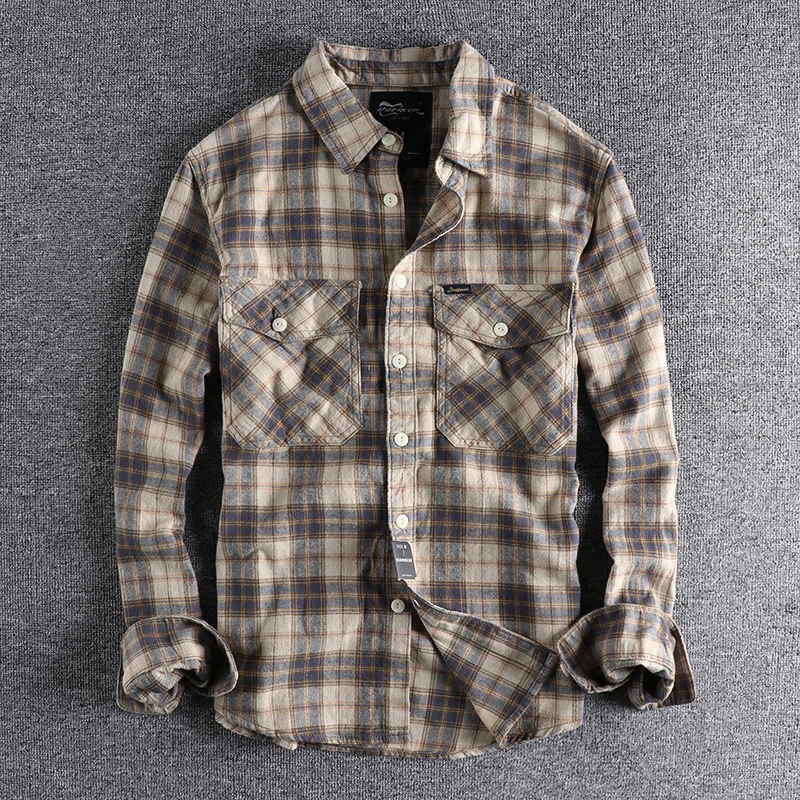 Autumn American Retro Tooling Plaid Shirt Men's Fashion Frosted Flannel Pure Cotton Washed Old Pocket Long Sleeve Casual Blouses